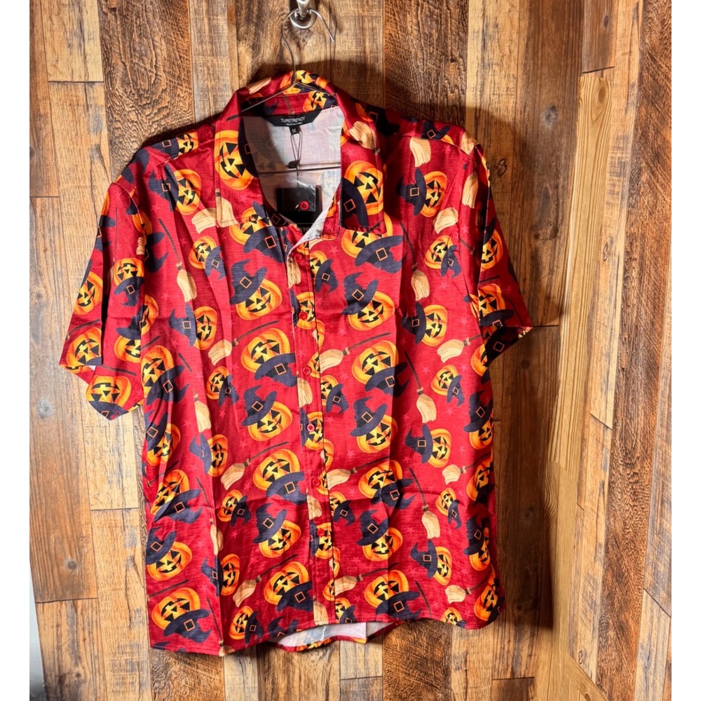 Halloween Shirt Men's Pumpkin Witch Hat Broom Short‎ Sleeve Button Up Red